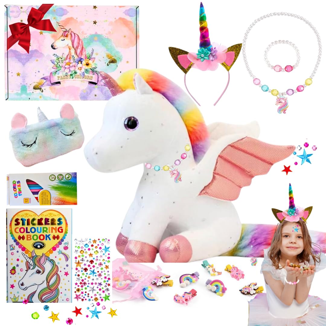 Oceanic Unicorn Christmas Gift Set for Girls Age 3 4 5 6 7 8 Yrs Old, Unicorn, Coloring Book, Hairband, Gems Stickers - Birthday Gift for Gilrs