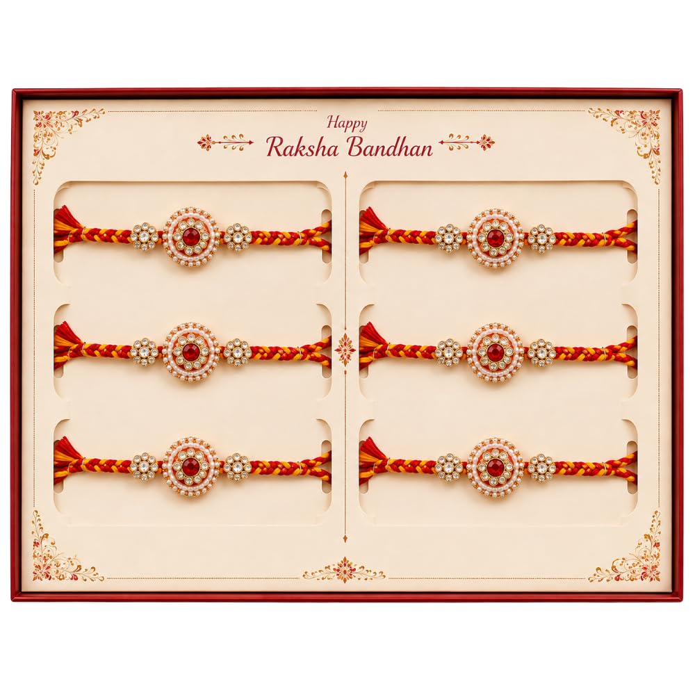 Raksha Bandhan Rakhi Set of 6, Red & Yellow Braided Thread-picture-25