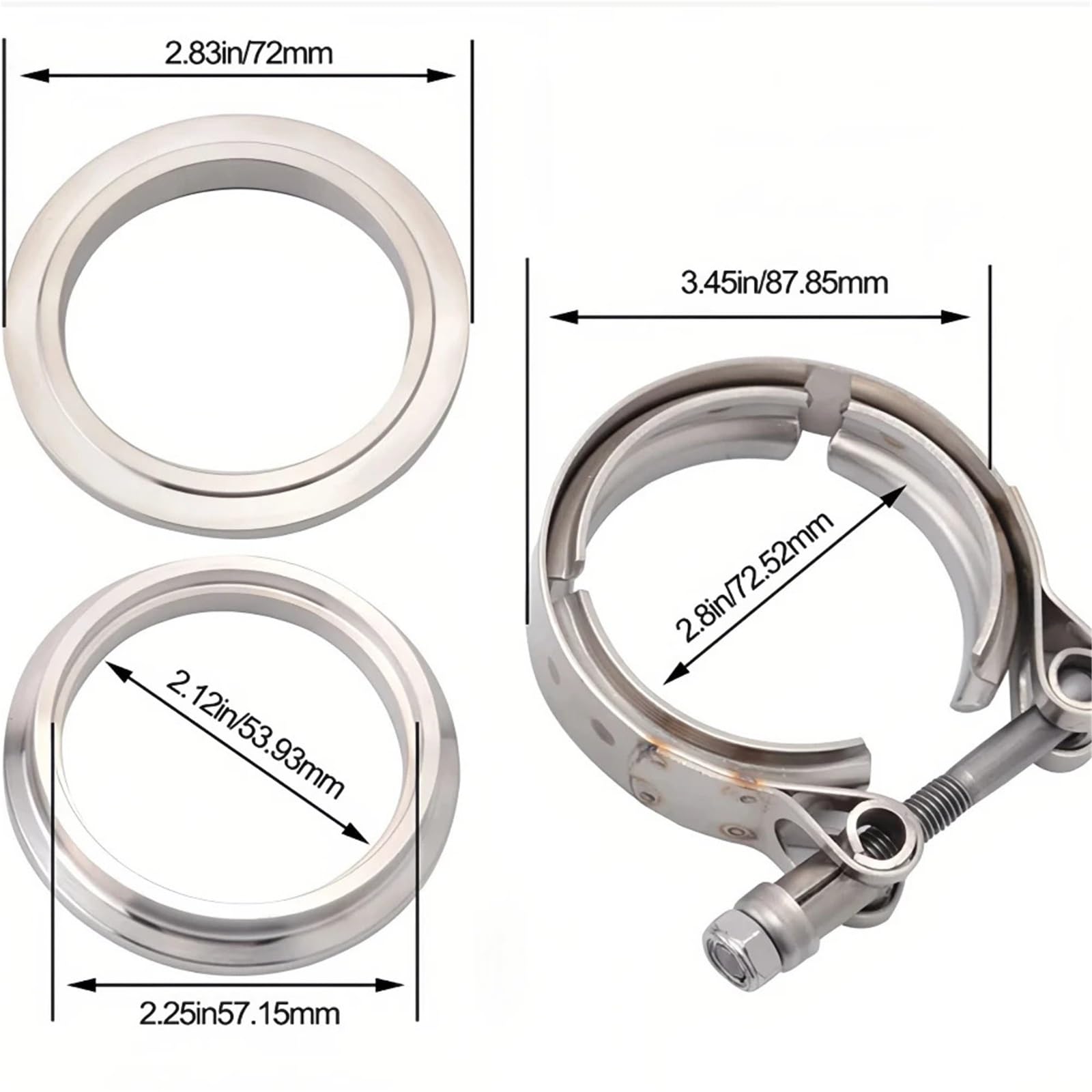 Fascetta V-Band Acciaio inossidabile 304 2 "2.25" .5 3 4 pollici 51 63 76 mm V Fascetta a fascia Turbo Tubo di scarico Vband Morsetto Maschio Femmina Flangia Kit morsetti(44mm 1.75 inches)