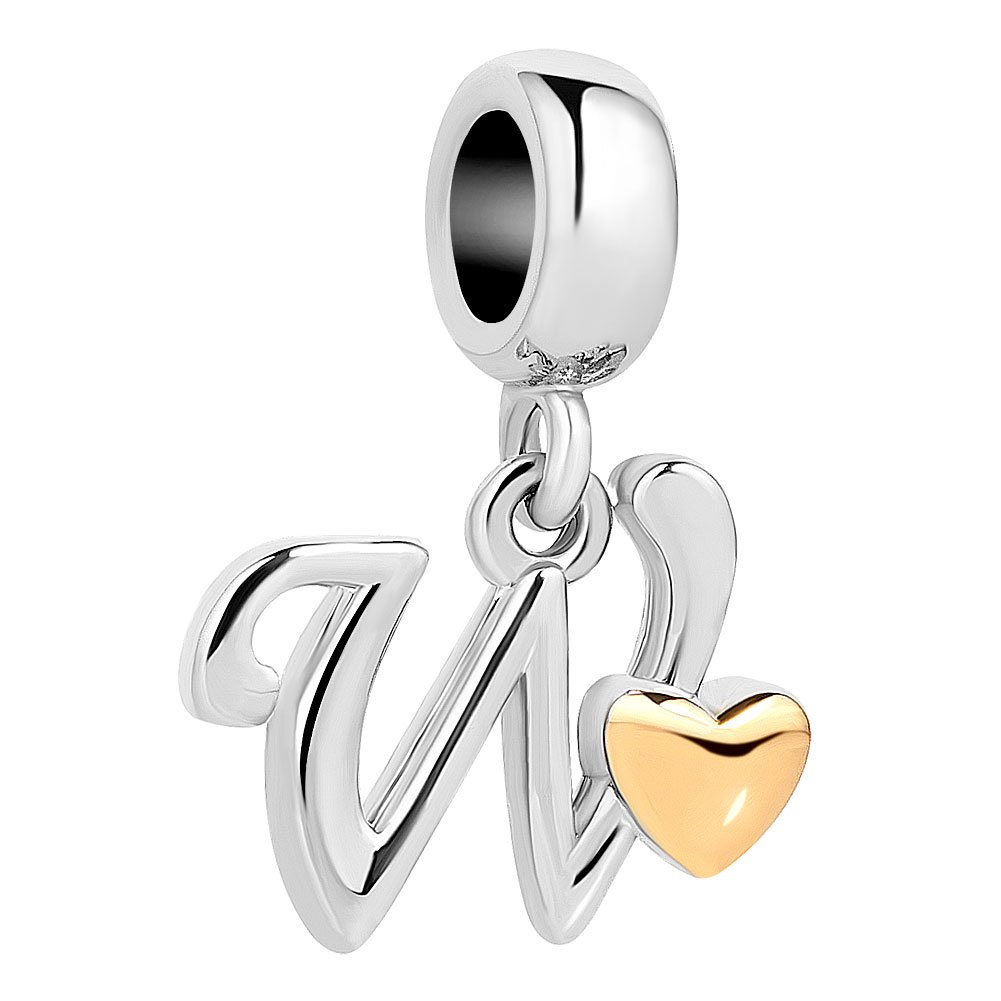 Initial A-Z Letter Charm Golden Heart Alphabet Dangle Beads For Bracelets & Necklaces (W)