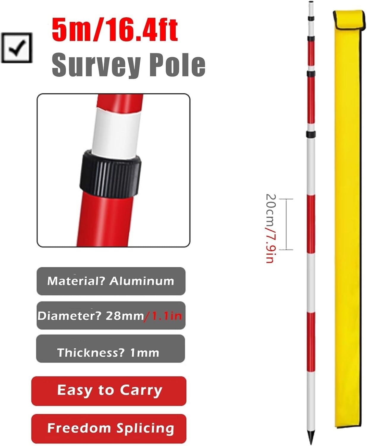 Varilla de medición topográfica Varilla telescópica de aluminio for inspección construcción, poste prisma ajustable con bolsa transporte, equipo topografía(3m/9.8ft)