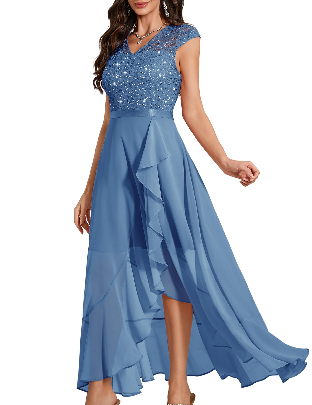 Bbonlinedress Abendkleid elegant für Hochzeit Glitzer Kleid Chiffon Abschlusskleid lang festliches Brautkleid Spitze Party Cocktailkleid