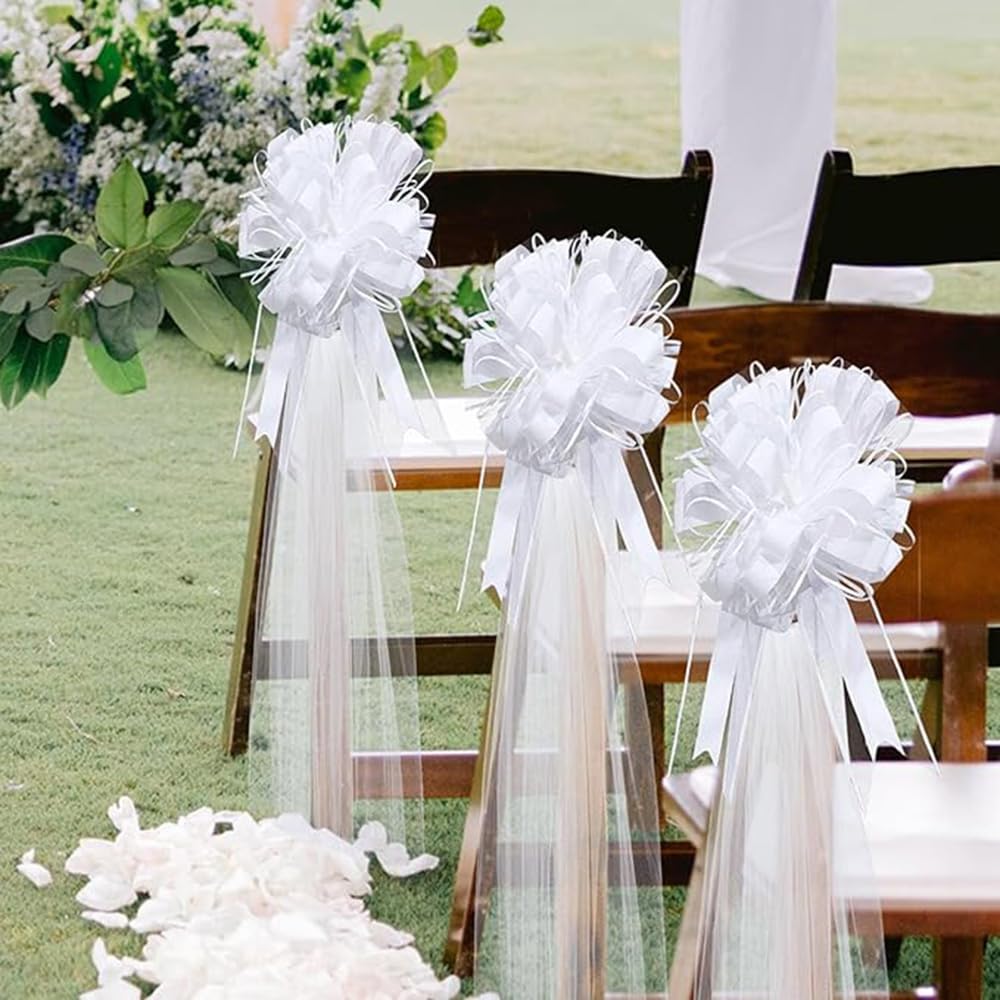 12er-Set Hochzeitsschleifen mit Tüllschwänzen Weiß Lange Stuhlschleifen Tüll Hochzeitsgang Dekorationen Kirchenbänke Geschenkschleife Hochzeitsdeko Autoschleifen Große Schleife für Brautparty
