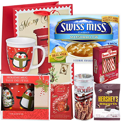 Holiday Gift Set | 14 fl Mug, 6 Pack SwissMiss Marshmallow Hot Cocoa, Bobs Peppermint Candy Sticks, Hersheys Kisses, Lindt Lindor Milk Chocolate Truffles & Pirouline Cream Wafers (Swiss)
