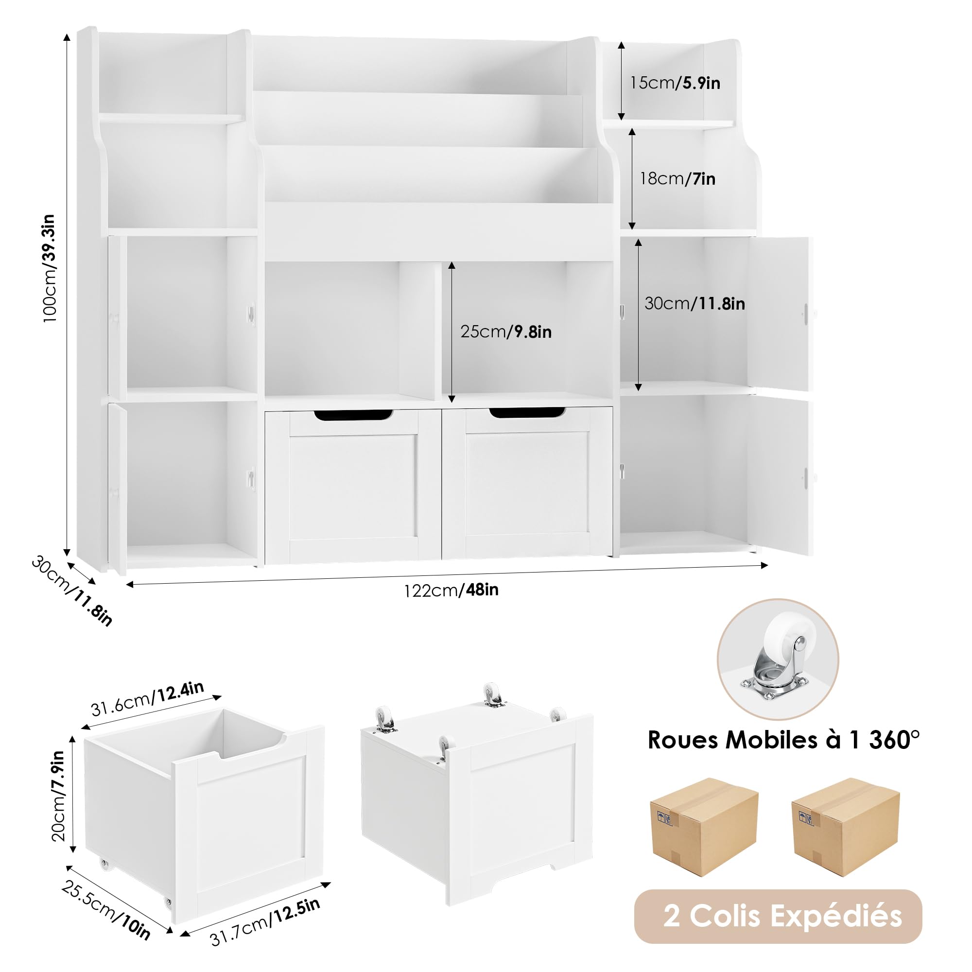 FOREHILL Meuble de Rangement Enfant Bibliothèque Enfant avec 13 Étagères Rangement Jouet avec 2 Tiroirs Roulants 2 Portes pour Chambre d'enfants Salle de Jeu 122x30x100cm Blanc