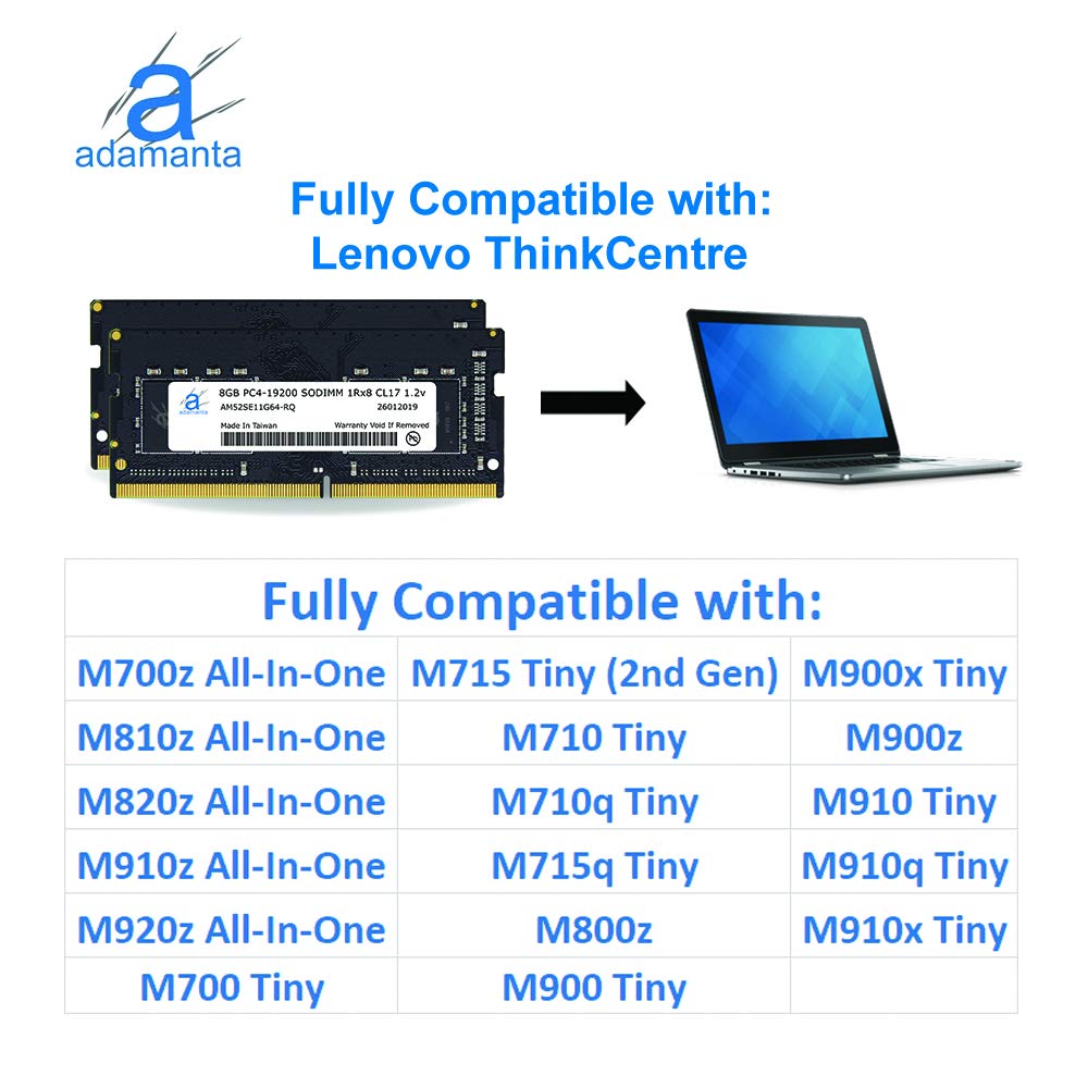 Adamanta 16 GB (2 x 8GB) RAM laptop per Lenovo ThinkPad P51, P71, T470P con 7th Gen Intel i5 & i7 processore DDR4 2400 MHz PC4 – 19200 SODIMM 2RX16 CL17 1.2 V da DRAM