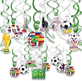 DPKOW 2022 World Cup Decorations, 30pcs Football Hanging Swirls for Qatar World Cup Football Party Decorations, World Cup Foil Swirl Ceiling Decorations, Goal Football Trophy Goalkeeper Scoreboards