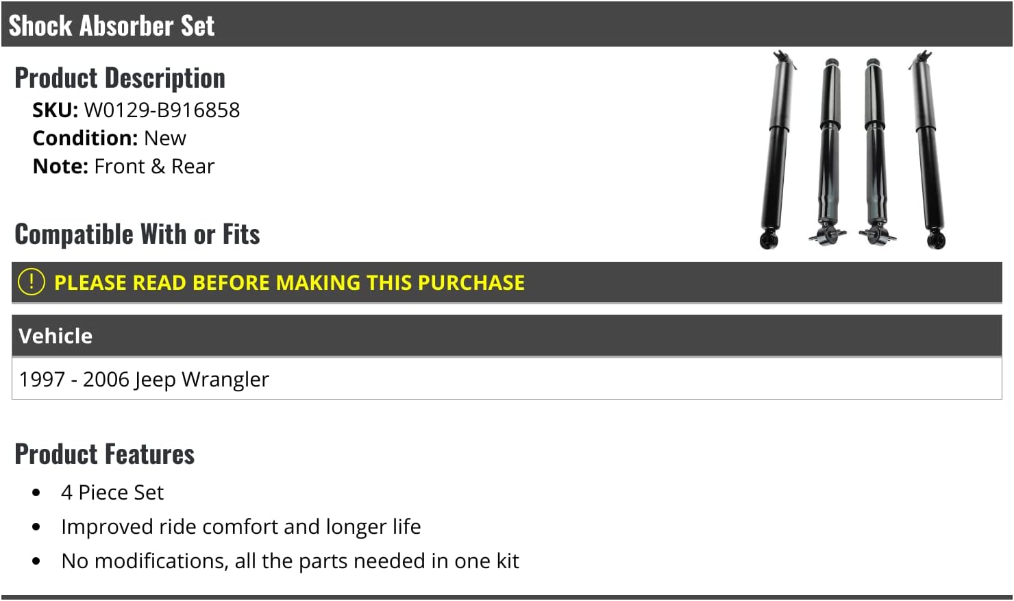 Front and Rear Shock Absorber - Set of 4 - Compatible with 1997-2006 Jeep Wrangler