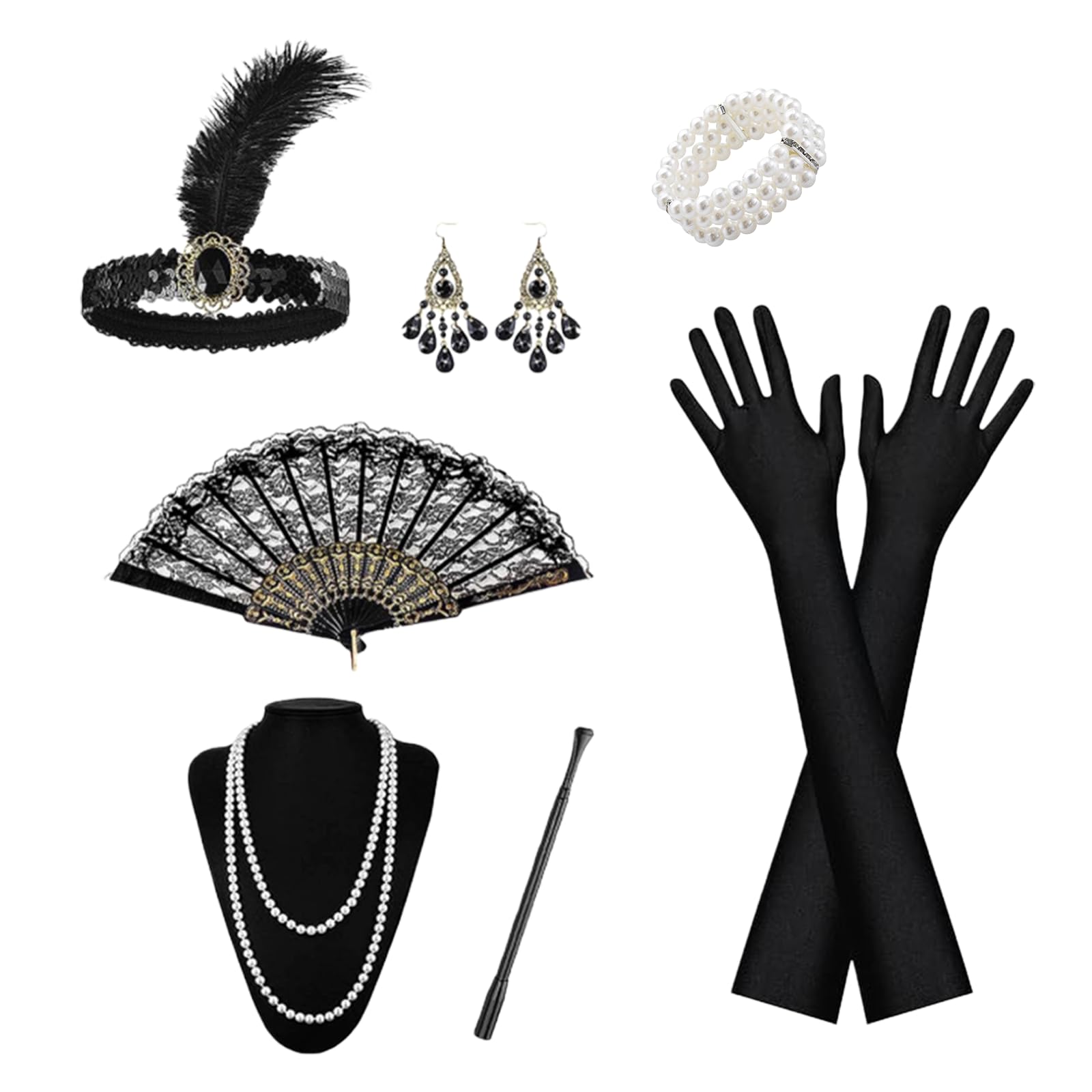 SSKHE GWAWG 1920s Accessories for Women,1920s Flapper Great Gatsby Accessories Set,Headband Gloves Necklace Earrings Lace Folding Fan,For Retro Carnival Festival Halloween Christmas