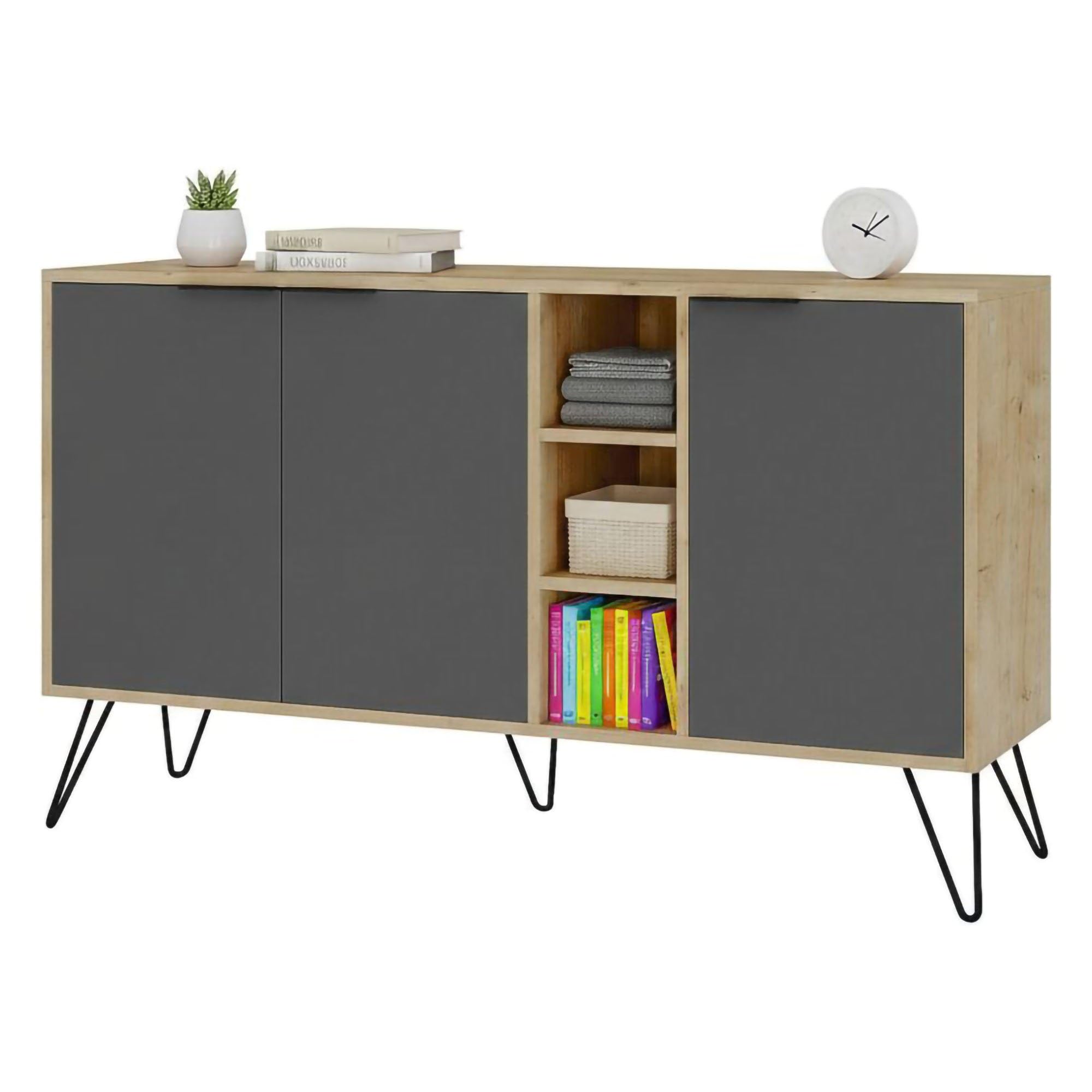 Dmora - Credenza Perseus, Buffet da soggiorno, Madia da salotto, Dispensa da cucina, 142x36h83 cm, Quercia e Antracite