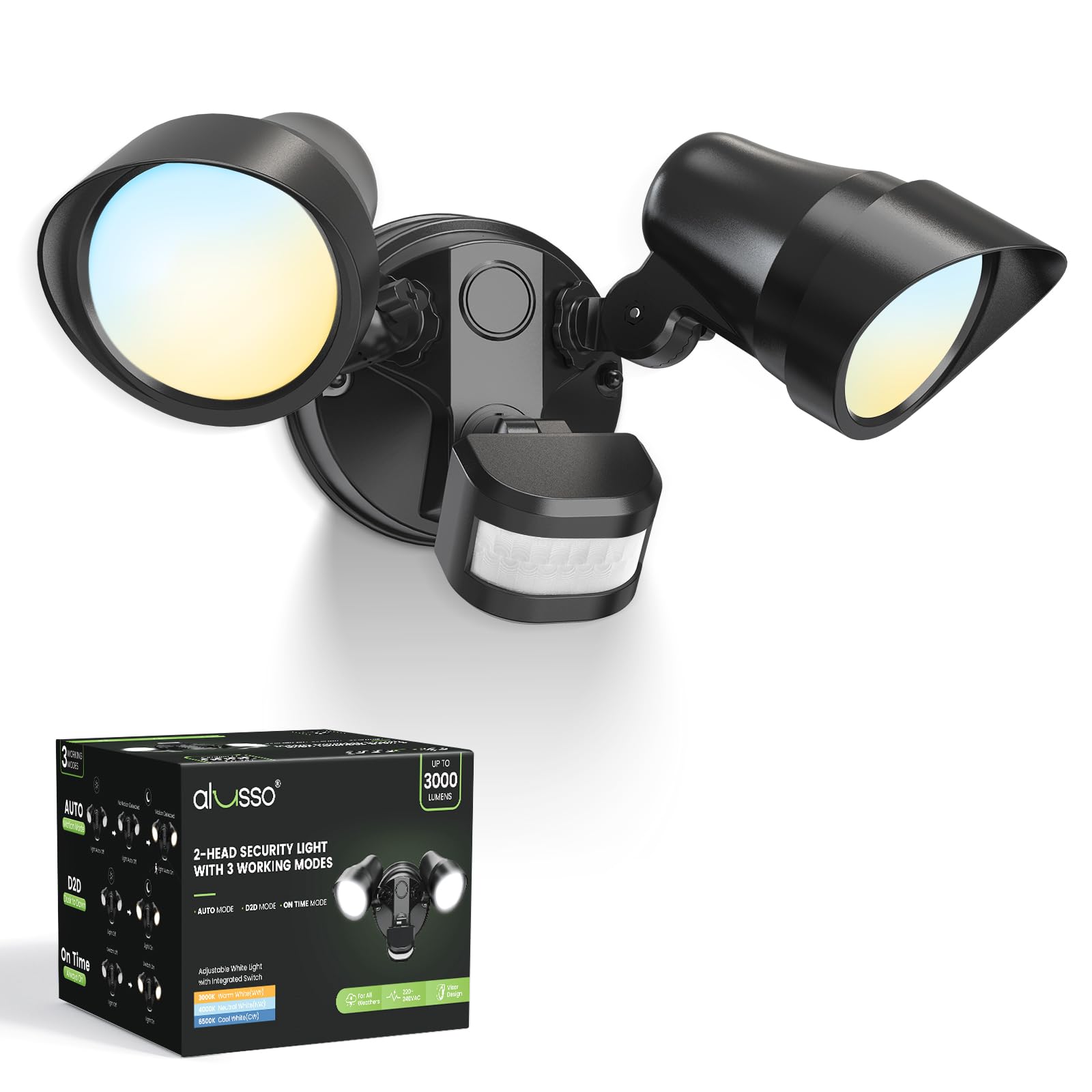 ALUSSO 30W 3000LM LED Strahler mit Bewegungsmelder Außen für Garage Hof | 3 Modi: Auto/Dusk to Dawn/Manual Override, CCT: 3000K Warmweiß/4000K Neutralweiß/6500K Kaltweiß, Schutzart IP65, Doppelköpfig