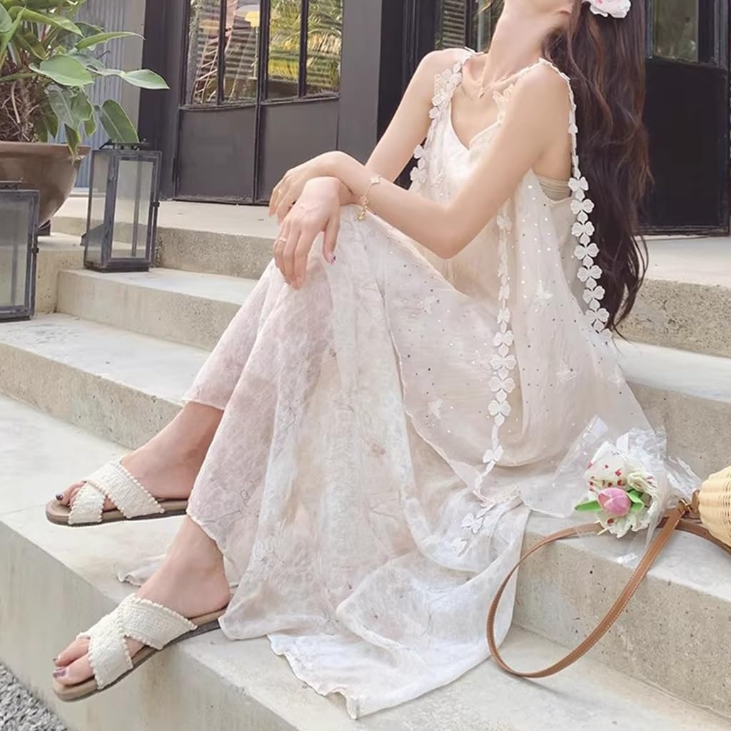 Abito Lungo Senza Maniche con Paillettes Stile Francese, Abito da Spiaggia Estivo A Strati con Scollo Quadrato, Matrimonio/Festa