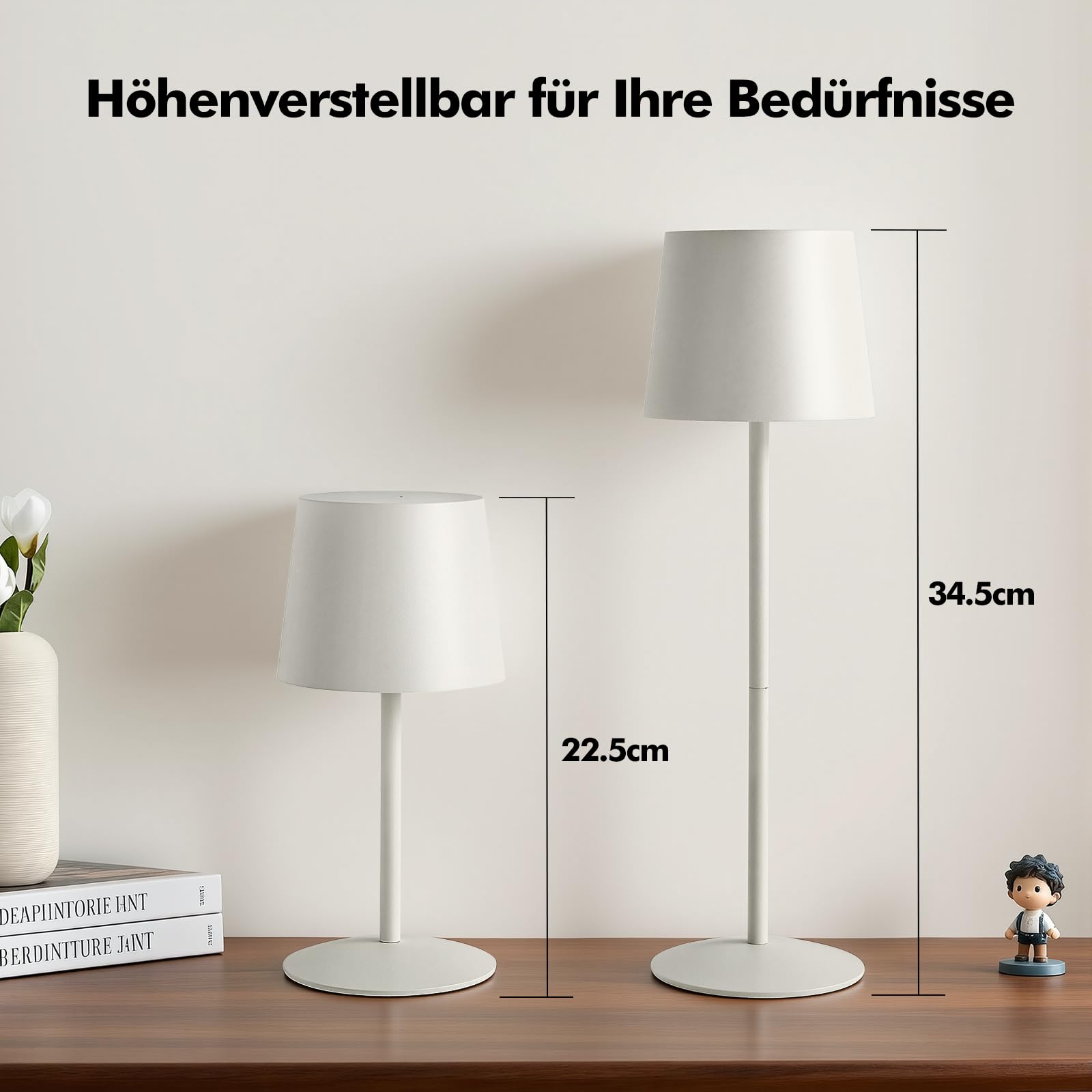 GyroVu Kabellose 2 Stück LED Tischlampe Weiß, Höhenverstellbar Touch Lampe Dimmbar Stufenlos, Wiederaufladbar Akku Tischleuchte mit USB-C, IP44 Wasserdicht, Für Camping Esstisch Wohnzimmer Nachttisch