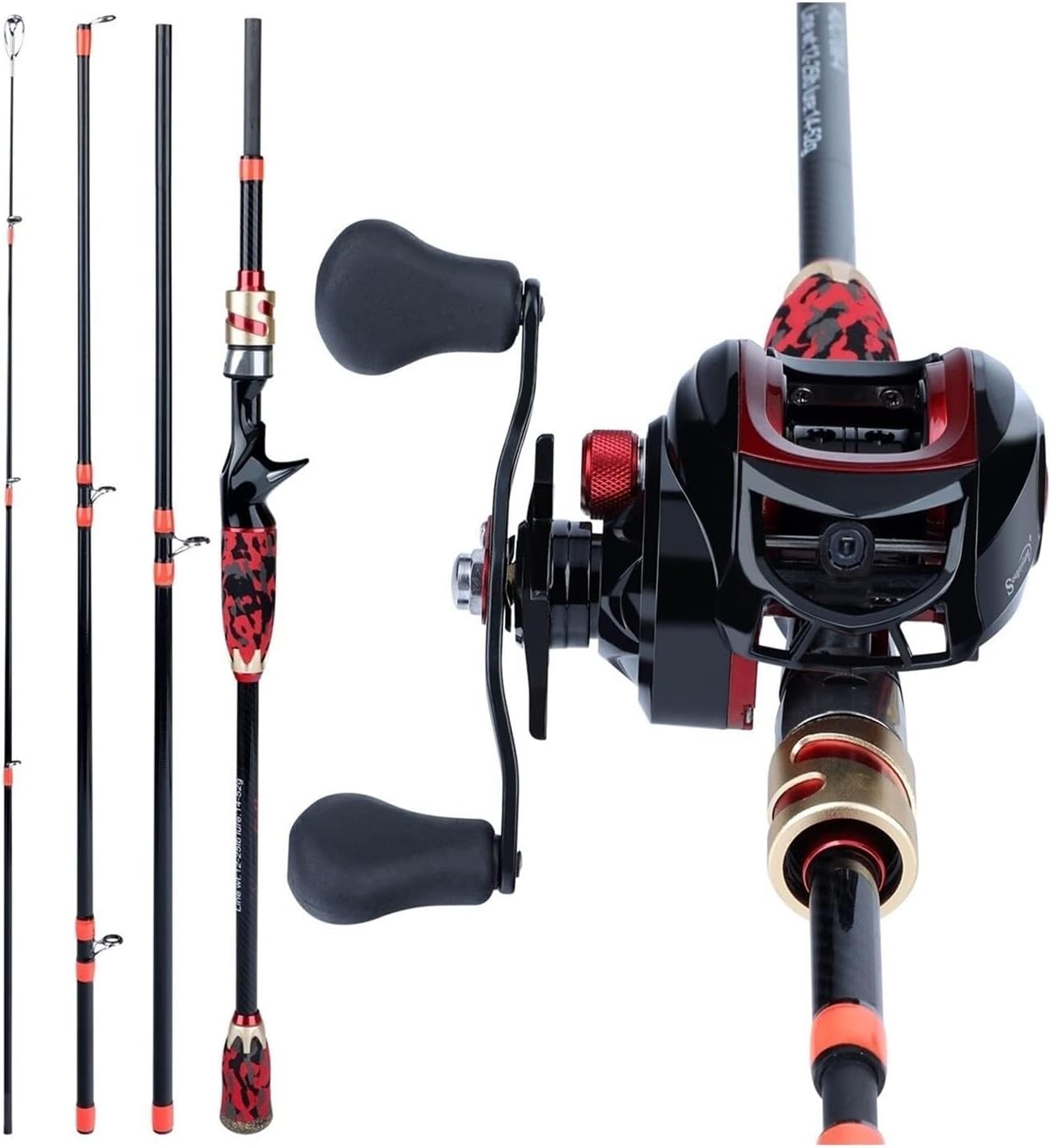 Portable 4-Section Carbon Fiber Fishing Rod and Baitcasting Reel Combo, Lightweight Travel Fishing Set