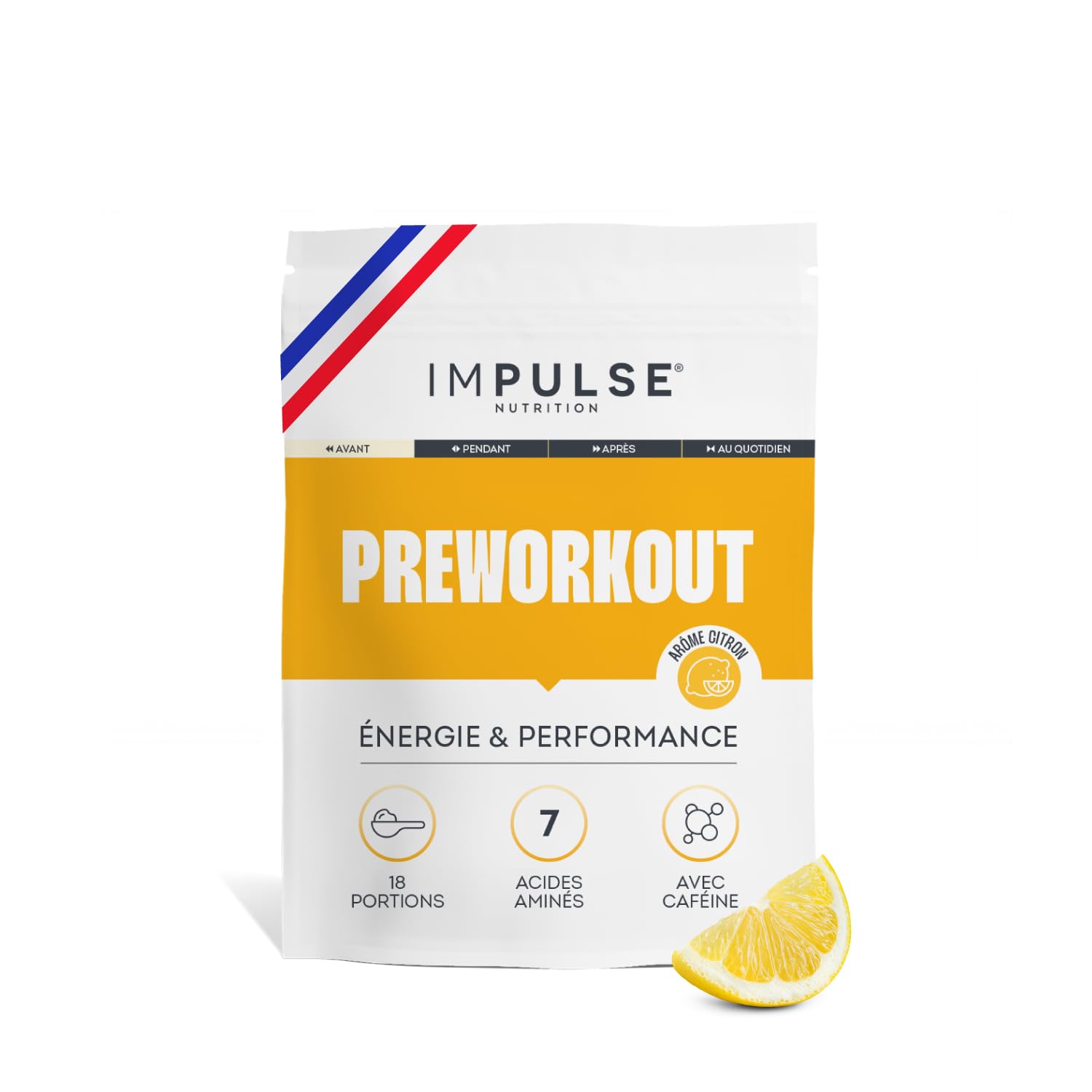 Impulse Nutrition - Préworkout Citron - 200mg Caféine - Cure 18 jours | Énergie, Focus & Performance - Congestion & Endurance Optimale - 200mg Caféine, BCAA, Bêta-alanine - Fabriqué en France