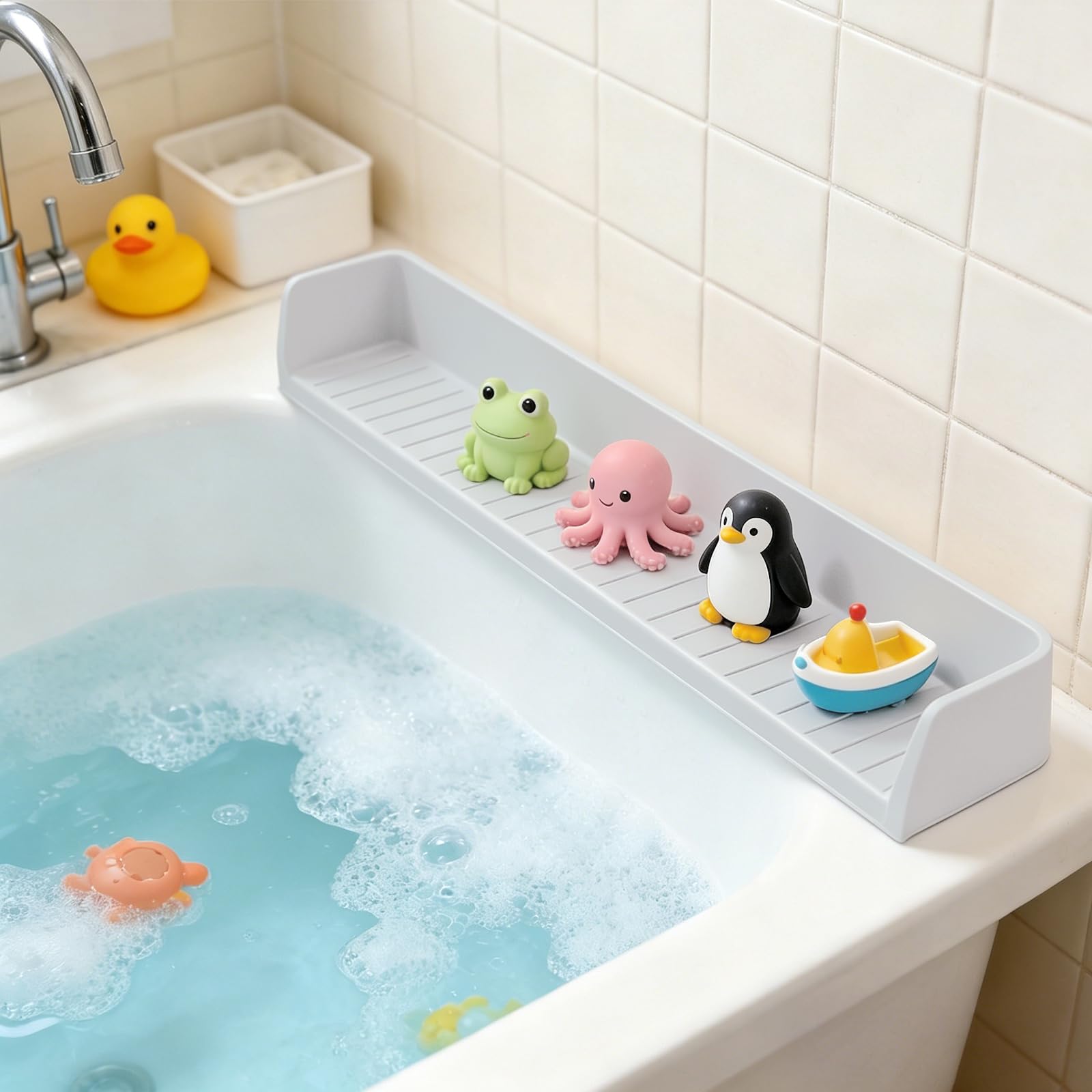 Bathtub Splash Guard for Tub, 80cm Silicone Tub Water Splash Guard with Strong Suction Cup, Tub Play Shelf for Kids, Bath Toy Caddy Tray Storage Holder, Prevent Water Spills in Bathroom (Gray)
