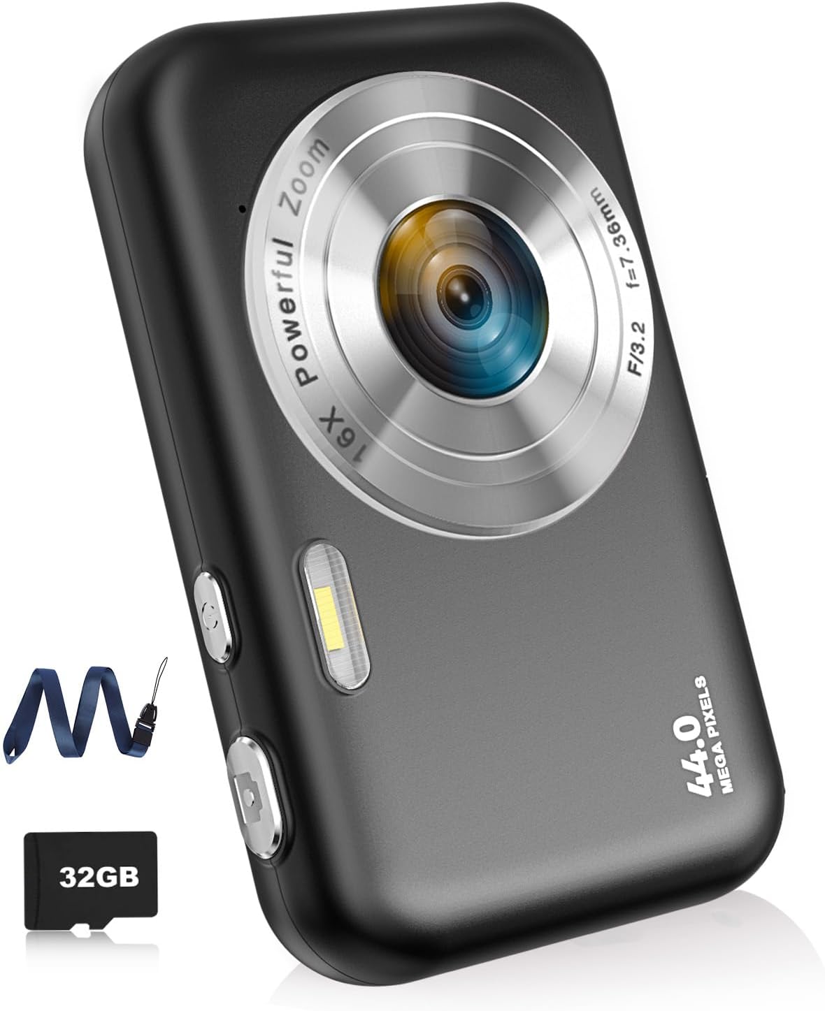 Digital Camera, FHD 1080P Kids Camera with 32GB Card, 16X Zoom, Anti Shake, Battery and Lanyard, 44MP Point and Shoot Digital Cameras Small Camera Gift for Boys Girls Teens Students Beginners, Black
