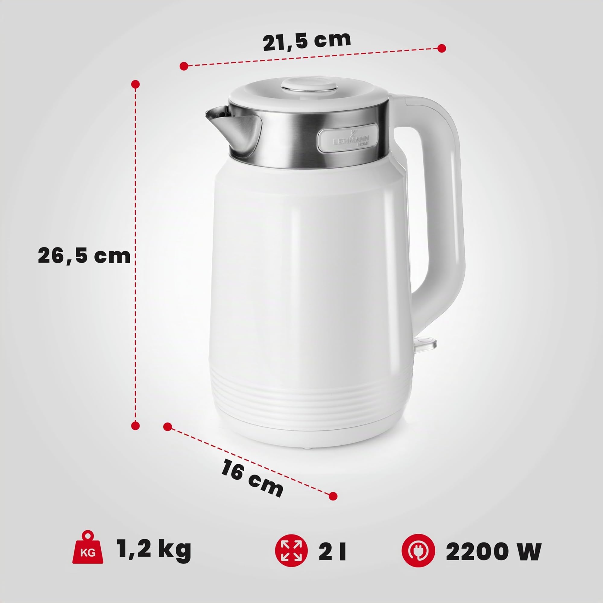 LEHMANN Bollitore Elettrico in Acciaio Inox, 2 L, 2200 W, Riscaldamento Rapido, Doppia Parete, Base Girevole 360°, Spegnimento Automatico, BPA‑free, ideale per Famiglie e Uffici, Bianco