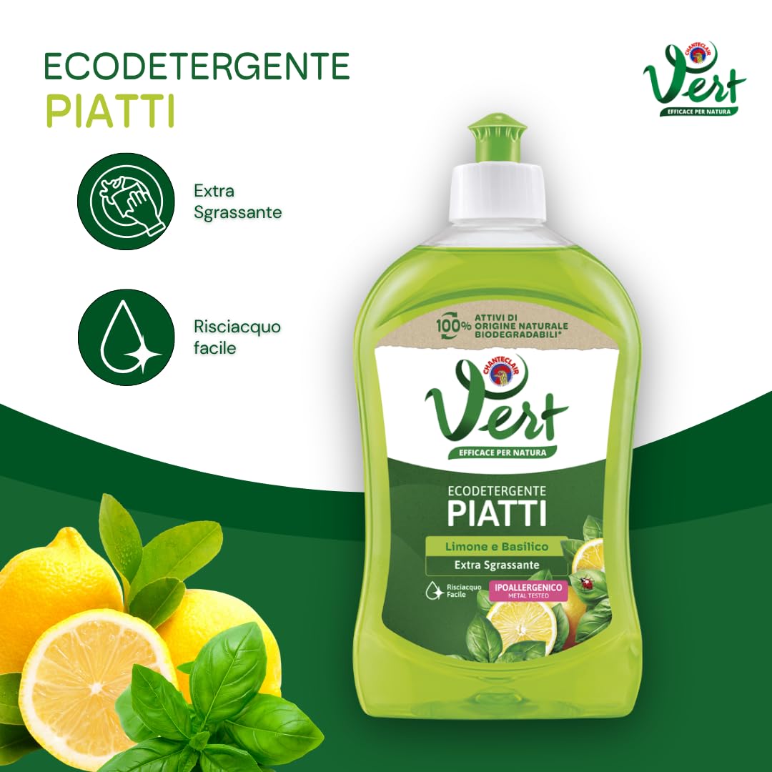 Vert di Chanteclair - Ecodetergente Piatti, Limone e Basilico - Ipoallergenico, Metal tested,100% Attivi di Origine Vegetale, Formula Sgrassante - 12 Flaconi da 500 ml