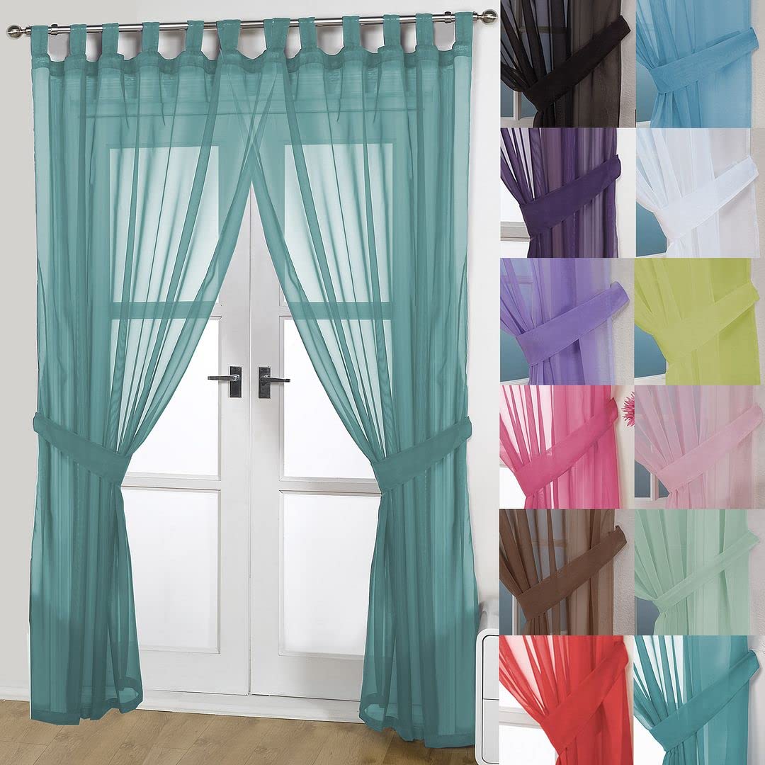 John Aird Pair Of Woven Voile Tab Top Curtain Panels. Tiebacks Included (Teal, 58" Wide x 36" Drop) — image 1