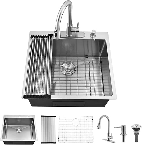 Fregadero de lavandería con combo de grifo, fregadero de 25 x 22 x 12 pulgadas, fregadero profundo de acero inoxidable calibre 16, lavabo individual