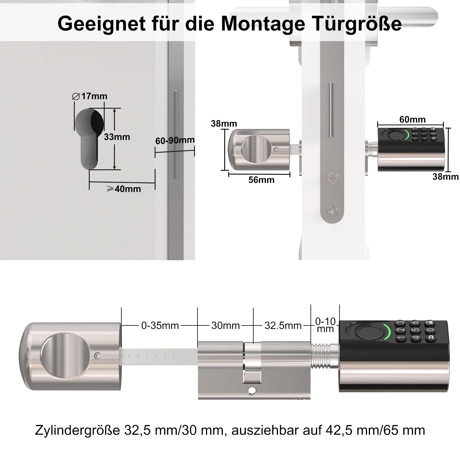 WELOCK U71 Fingerabdruck Passwort Türschloss mit Schlüssel für EU-Profiltür | Elektronisches Türschloss Code mit App und Karte, Zahlencode Türschloss Verstellbarer, Smart Lock für 60-90mm tür