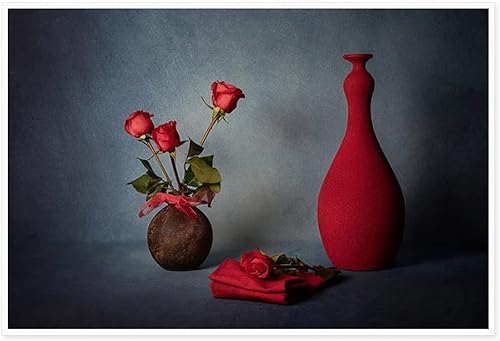 Lienzo decorativo para pared del hogar y la oficina, decoración de pared de rosas rojas y jarrón, lienzo impreso para cuadro de naturaleza muerta,