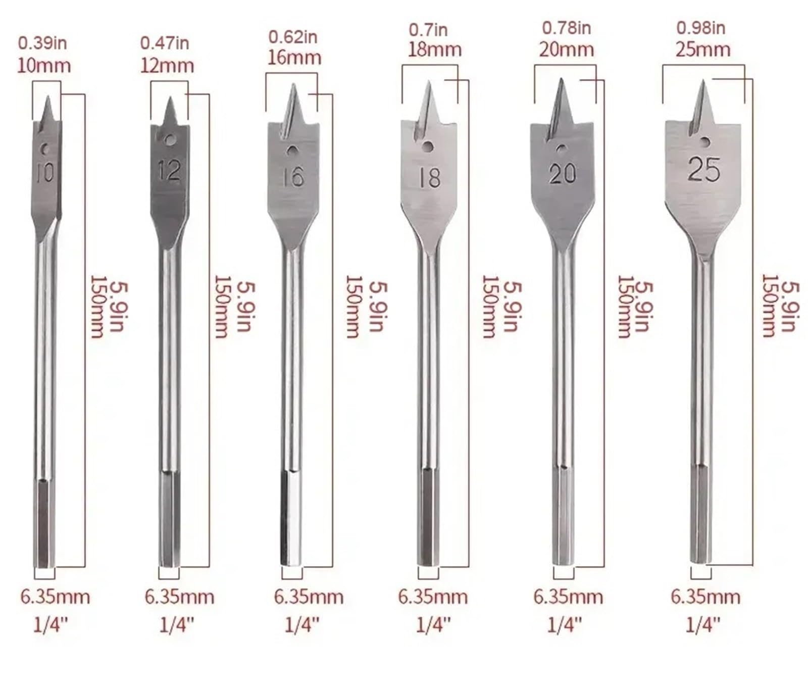 6 pezzi/1 set di punte piatte da 10-25 mm, utensili for lavorazione del legno in acciaio ad alto tenore di carbonio