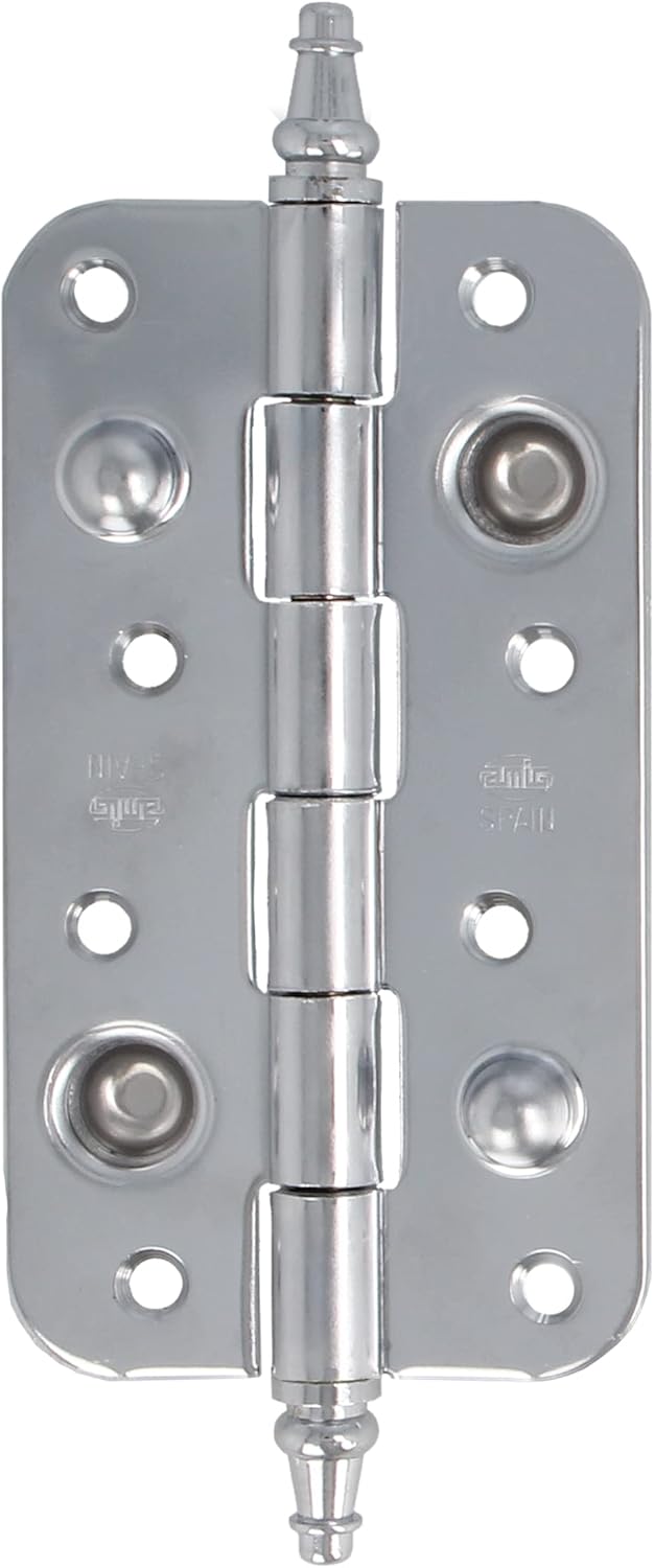 Amig - Security Hinge | 150 x 82 x 3 mm | Round Edges | Decorative Finial | Holds Entrance Doors with Firmness | Shiny Silver Steel