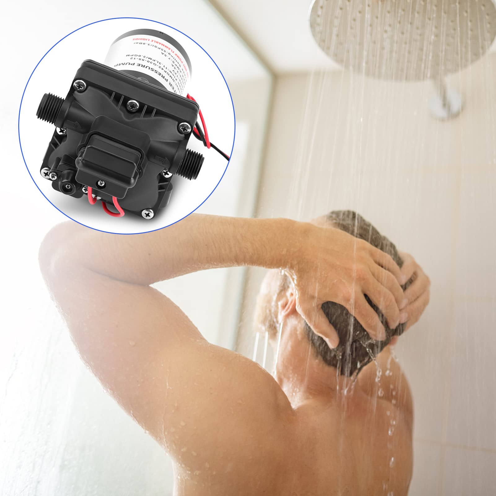 Druckwasserpumpe 12V DC, 30 psi/3,1 bar, Schwarz, PVC und Kupfer, 26,4 x 14,3 x 13 cm, für Wohnmobil