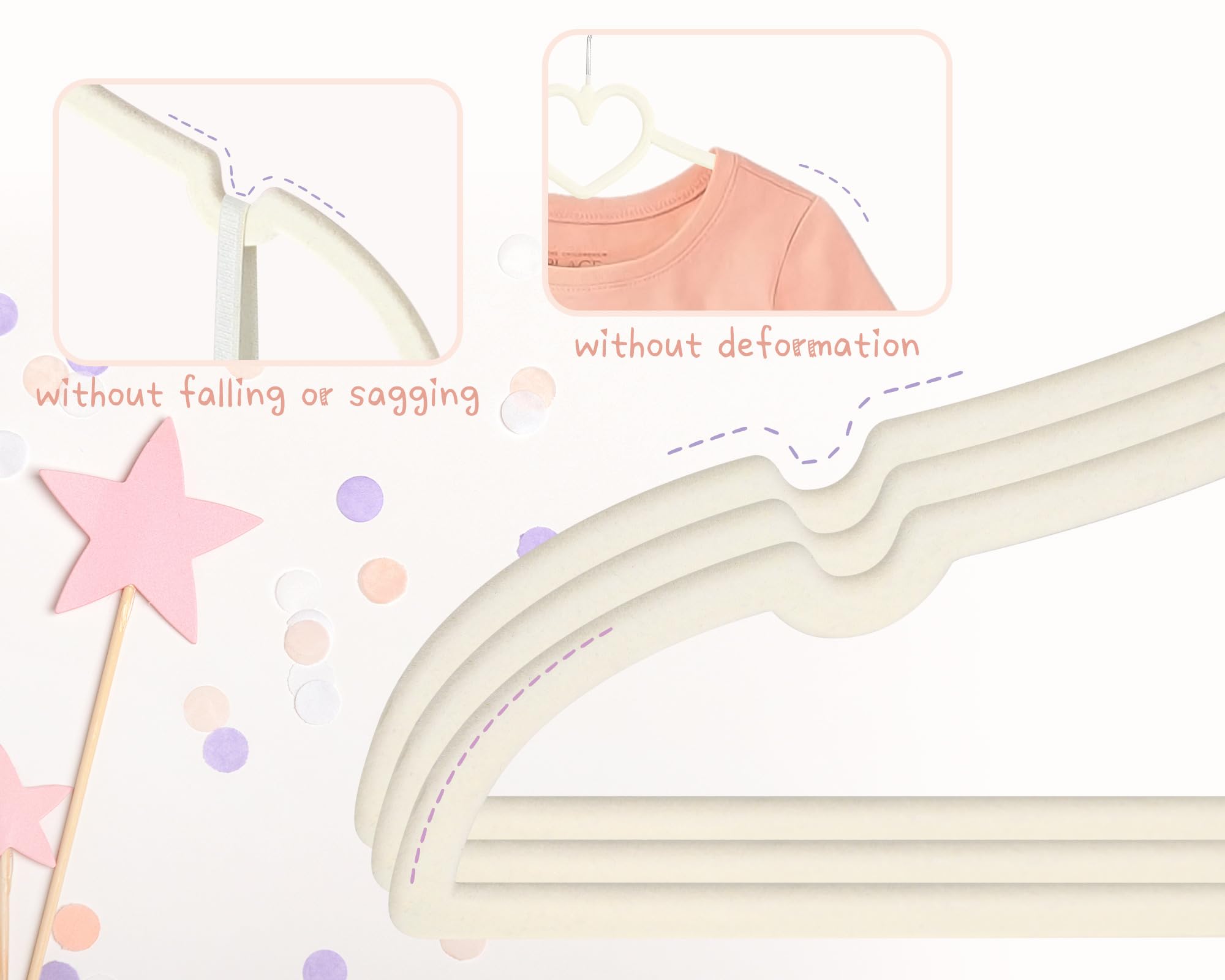 Perchas de terciopelo beige con forma de corazón para bebé, paquete de 50 perchas para niños pequeños de 13 pulgadas con 20 clips, ultra delgadas y apilables para ahorrar espacio