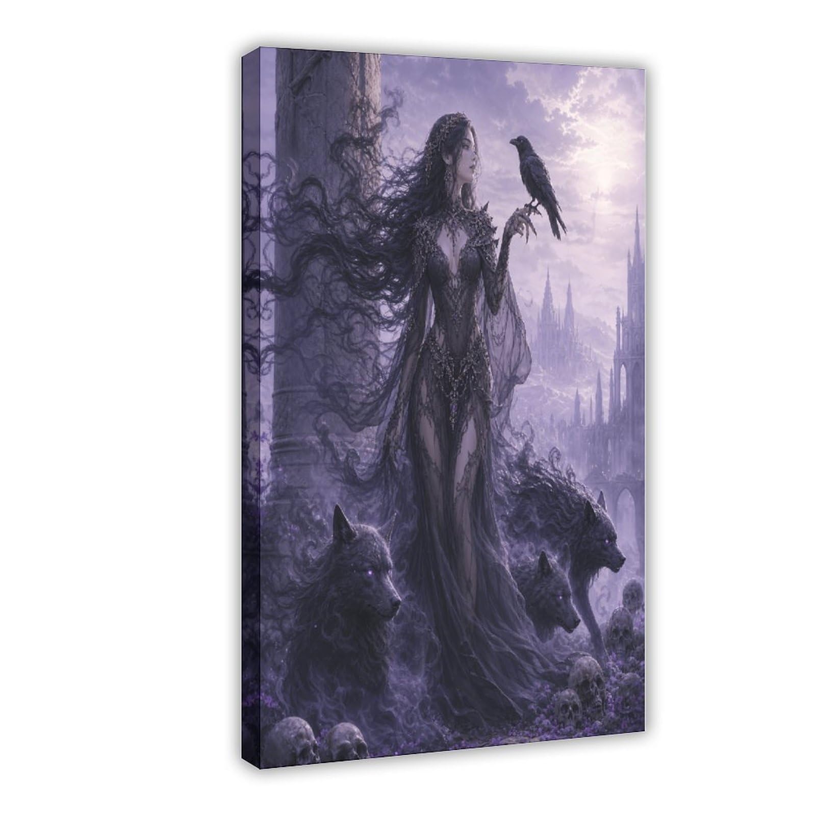W7c8u2x3 Frame-Style-17 Raven Witch With Wolf Canvas Wall Art, Moonlit Stage Entryway