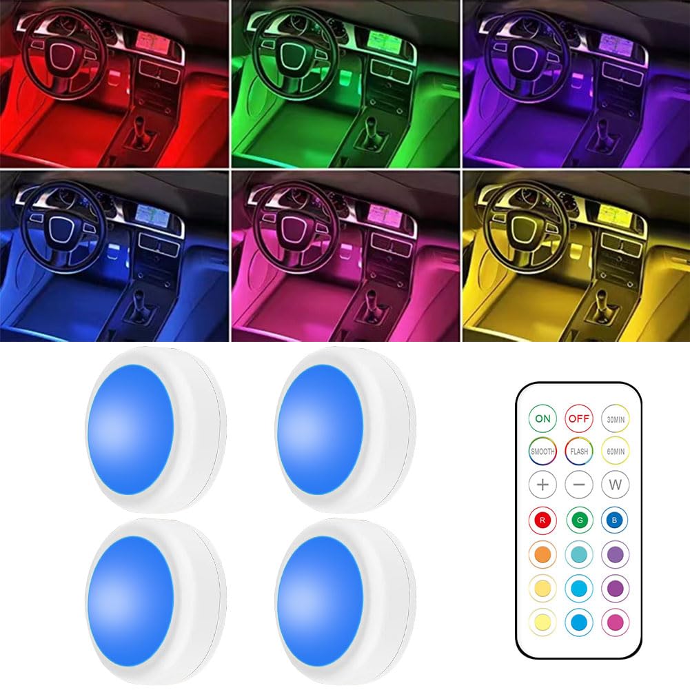 4PCS Wireless LED Interior Car Lights with Remote Control, Ambient Lighting Kits, Car Neon Lights with Rechargeable Battery,Last for More Than 10 Hours Lighting