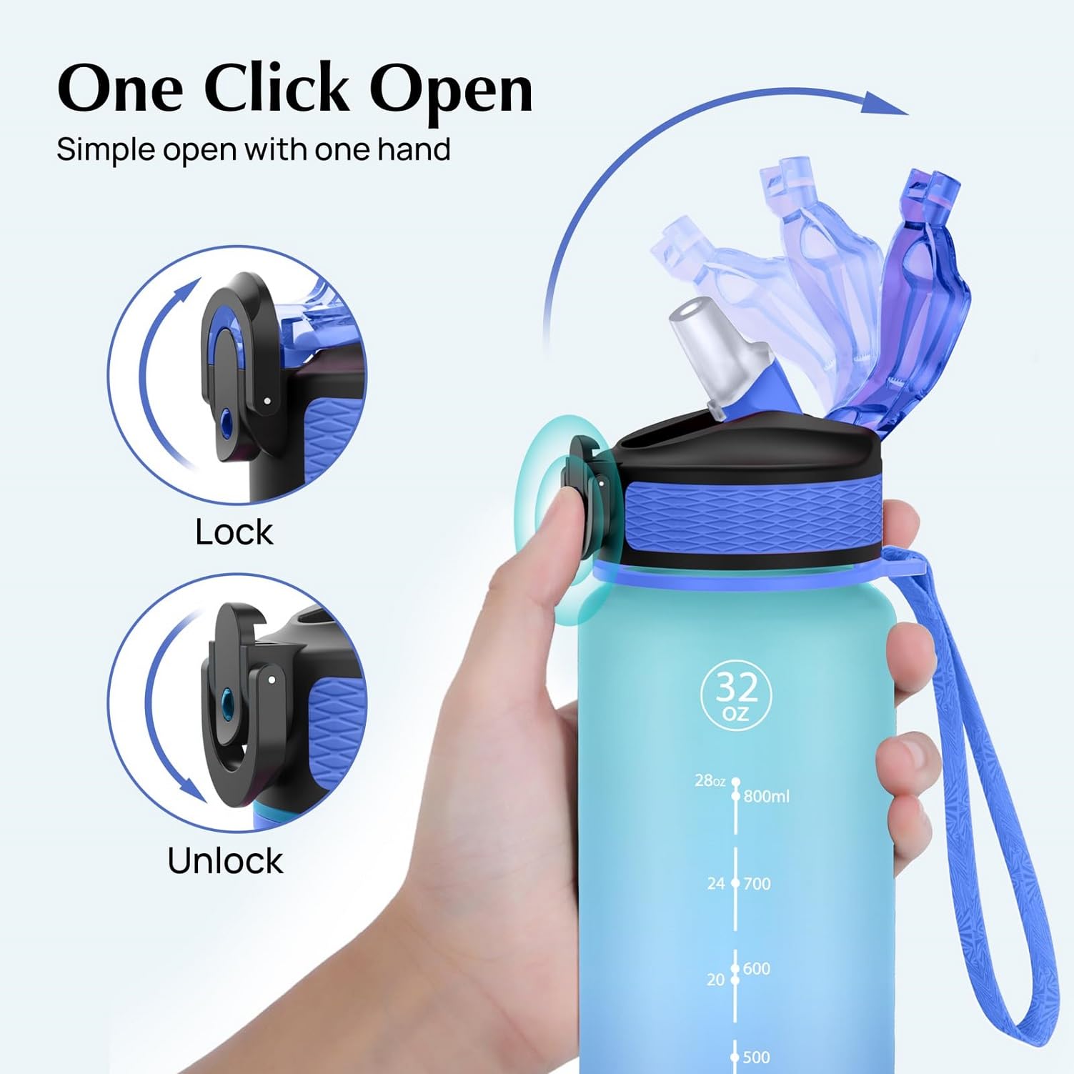 Navtue Borraccia da 1 l con cannuccia, senza BPA, marcatura del tempo, a prova di perdite, per fitness, ciclismo, ufficio, corsa, palestra, yoga (1 l verde blu)