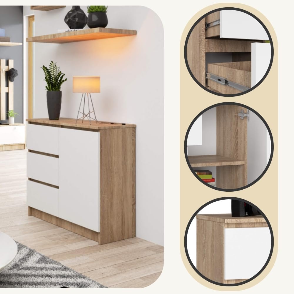 Kommode Jerry 3 Tiroirs + 2 étagères - 80x77x35 Cm - Chêne Sonoma - Moderne Et Fonctionnelle