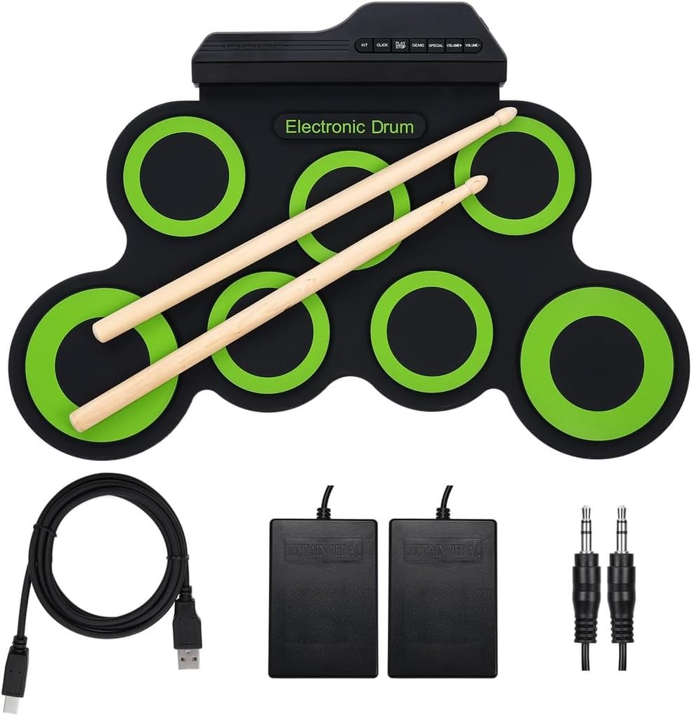 Beginners' Easy To Operate Electronic Drum Pad Kit, 7 Pads Roll Up Drum Set With 3.5Mm Headphone Jack & 2 Foot Pedals, Usb/Battery Powered Drum Practice Pad, Gift For Adults, Kids