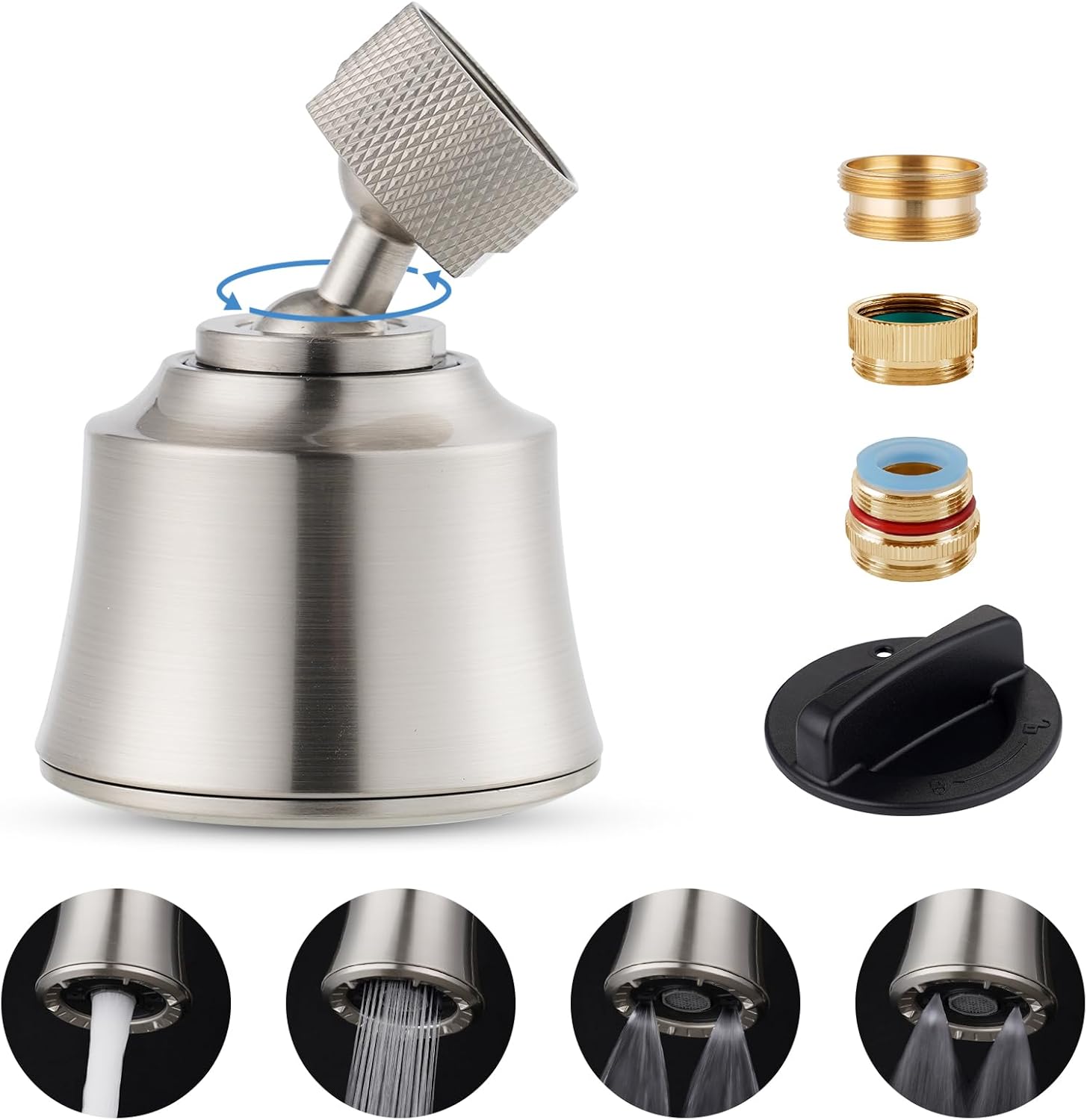 Hygie Rinse Kitchen Sink Faucet Head Replacement 4 Spray Faucet Sprayer Attachment with 2 Ball Joint, Big Angle Swivel, 55/64-27UNS Famale Thread, Male Thread Adapter Included, Brushed Nickel