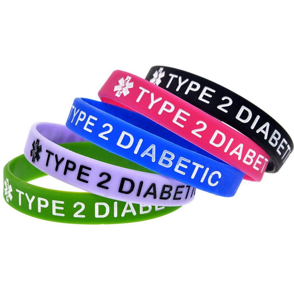 Set Di 5 Braccialetti Di Allarme Medico In Silicone – Diabetico Tipo 2 – Multicolore, Taglia 20 Cm, Avviso Per Emergenze, Uomo/donna