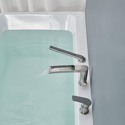 Miniatura 5 de Grifo de bañera romana en cascada de níquel cepillado, grifos de baño con ducha de mano