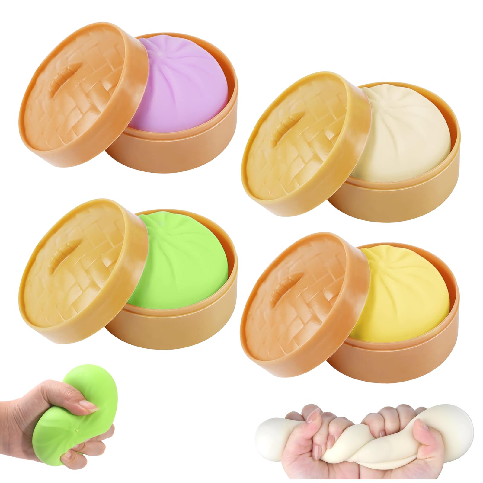 4 Pcs Dumpling Squishy, Squishy Dumpling Toy & Dumplings Toy, Colorful Stress Relief Fidget Sensory Toys with Steamer, for Kids Adults Anxiety Decompression Easter Gifts