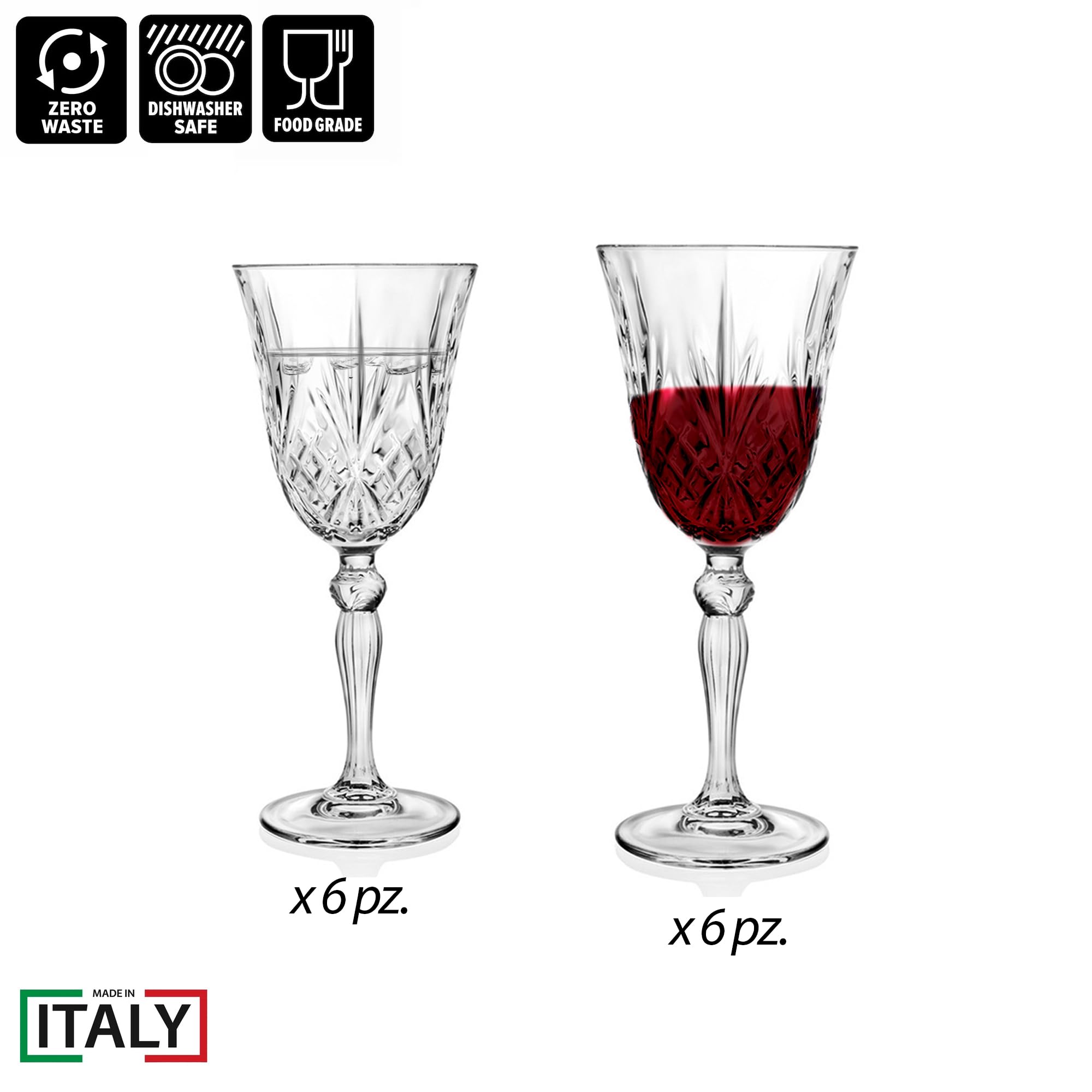 Sicignano | Juego de 12 copas Melodía de cristal – 6 copas de vino CL.27 + 6 copas de agua CL.21, brillantes, resistentes y lavables en lavavajillas, diseño elegante y sostenible