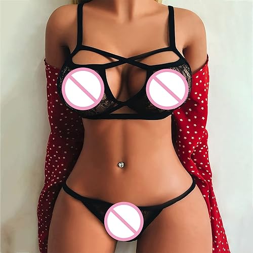 Miniatura 8 de Conjunto de lencería sexy de encaje para mujer, conjunto de 2 piezas con brasier y bragas cruzadas, talla grande, babydoll cachonda, estilo