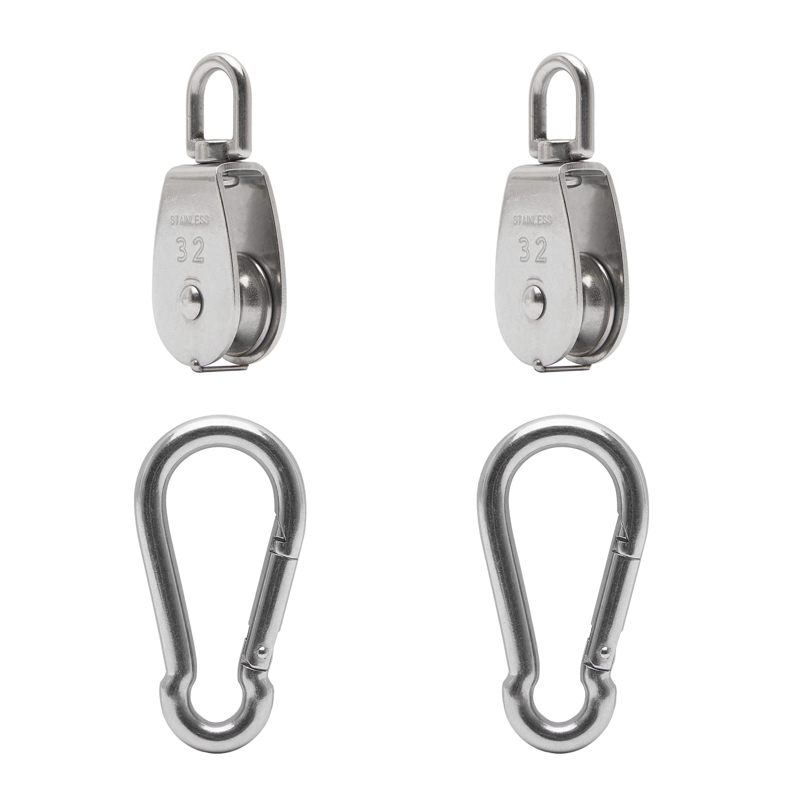 Cadbibe 2Pcs 304 Stainless Steel M32 Single Pulley Block, Wire Rope Hanging Wire Towing Wheel, with 2Pcs Spring Snap Hook