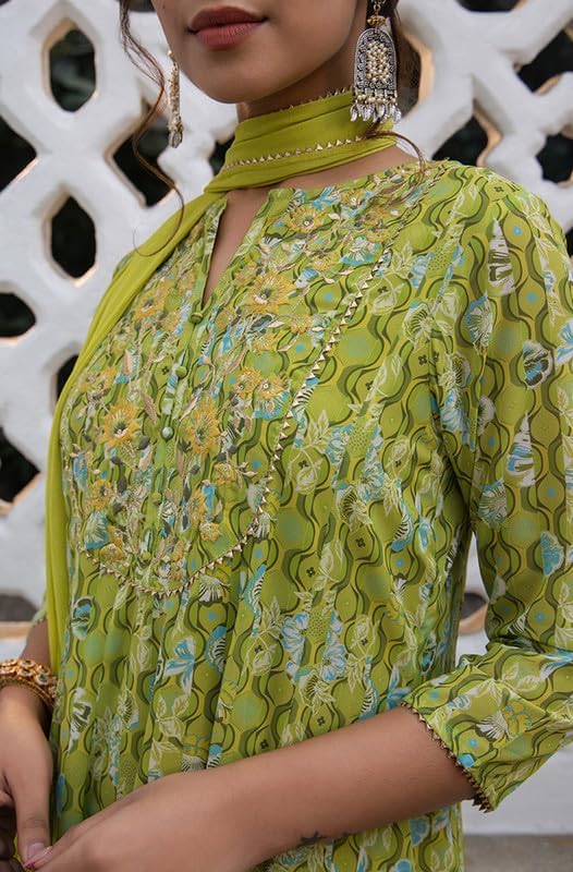 Janasya Indian Women's Georgette Lime Green Festive Kurta Set for Women4