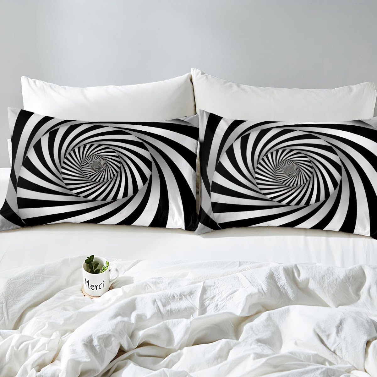 Castle Fairy Black White Stripes Bedding Set,Visual Art Duvet Cover for Kids Teen Boys Girls,Abstract Comforter Cover Decorative Room,Illusion Quilt Cover with 2 Pillowcases,King Size