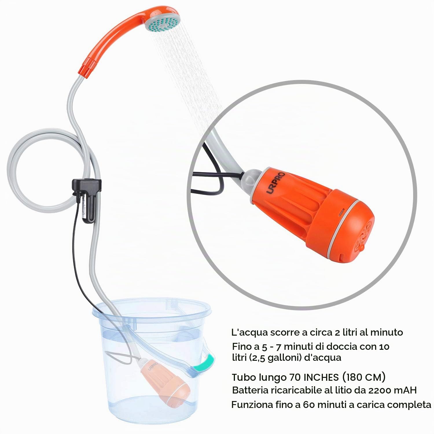 Soffione Doccia Portatile da Esterno, Pompa Doccia, batterie Ricaricabili USB Rimovibili, per Campeggio, Escursionismo, Pulizia Animali Domestici, Doccia per Animali Domestici, Lavaggio Auto