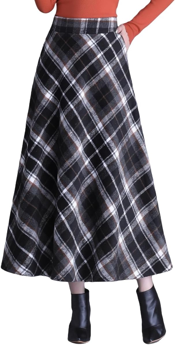 Women's Winter Wool Long Skirt High Waist Elastic Elegant Plaid A-Lin Maxi Skirts