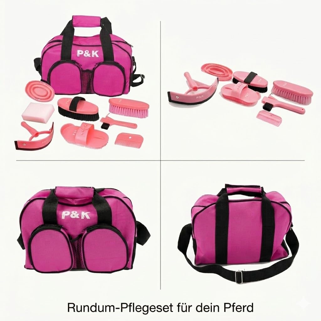 P & K Pferdepflege-Set Werkzeugset Pferd Putzset in Pink in praktischer Tasche-für die optimale Pflege Ihres Pferdes – Werkzeugset für Pferde, Putzset, Geschenkideen