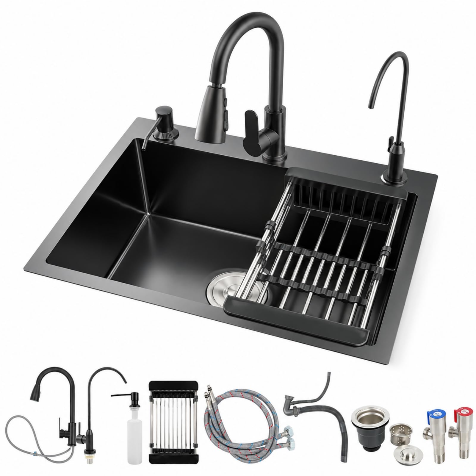 Fregadero de cocina con grifo desplegable y múltiples accesorios