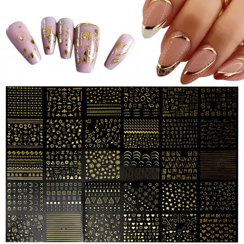 30 Hojas Oro Pegatinas Uñas Flores 3D Pegatinas de Manicura Doradas, Autoadesiva Nail Art Stickers Decoración, Luna Estrella Sol Pegatinas Uñas Patrones geométricos y muchos otros temas Uñas DIY